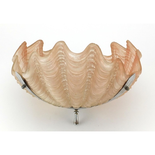 750 - Art Deco peach glass shell design light fitting with chrome mounts, 34cm in diameter