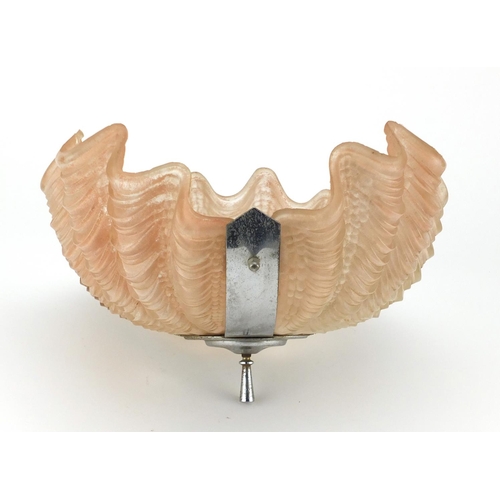 750 - Art Deco peach glass shell design light fitting with chrome mounts, 34cm in diameter