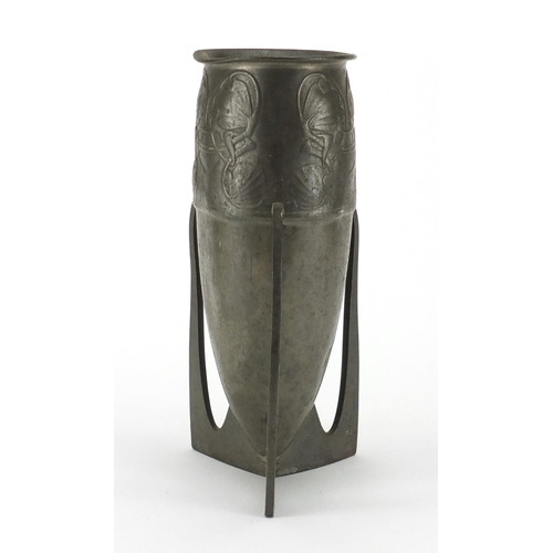 794 - Large Art & Crafts Liberty & Co Tudric pewter vase with tapering cylindrical body on tripod feet, de... 