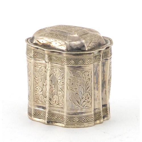 867 - 18th century Dutch silver pillbox with hinged lid and engraved floral decoration, indistinct impress... 