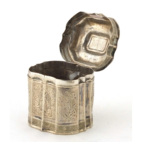 867 - 18th century Dutch silver pillbox with hinged lid and engraved floral decoration, indistinct impress... 