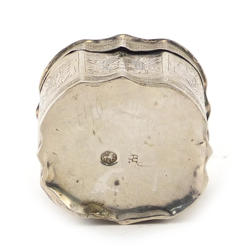 867 - 18th century Dutch silver pillbox with hinged lid and engraved floral decoration, indistinct impress... 