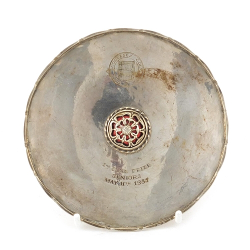 842 - Arts & Crafts circular silver dish by Omar Ramsden, with enamelled Tudor Rose,  London 1934, 11.5cm ... 