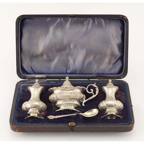 841 - Victorian silver three piece cruet, by Barker Brothers Birmingham 1899, the largest 9.5cm high, appr... 