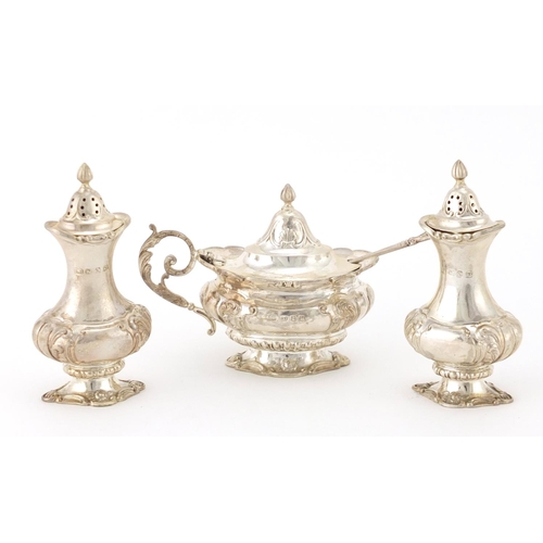 841 - Victorian silver three piece cruet, by Barker Brothers Birmingham 1899, the largest 9.5cm high, appr... 