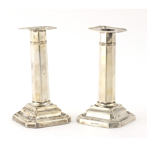 887 - Pair of Art Deco silver column candlesticks by James Dixon & Sons Ltd, Sheffield 1906, 14cm high, ap... 