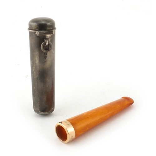 872 - Butterscotch amber coloured cheroot with 9ct gold mount and silver case by William Neale, 7.8cm in l... 