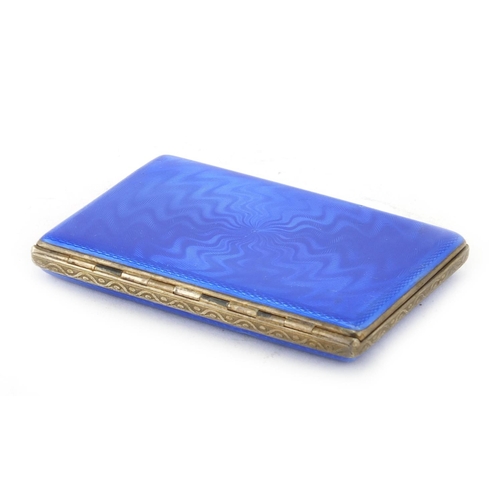 878 - Rectangular silver and blue guilloche enamelled card case, London 1929 import marks, 8.2cm wide, app... 