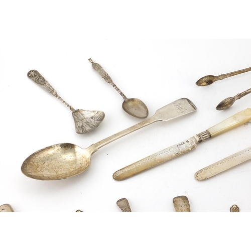 904 - Georgian and later silver flatware, some with mother of pearl handles including tablespoons, sifting... 