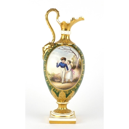 677 - Early 19th century Bloor Derby ewer, hand painted with an oval panel with two children within gilt b... 