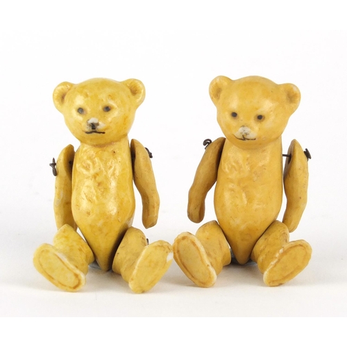 143 - Two German bisque teddy bears with jointed limbs by Hertwig, each 5.5cm high