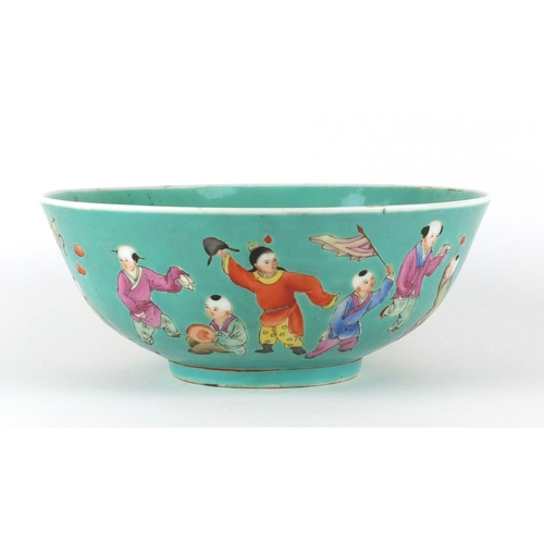 394 - Chinese turquoise ground bowl, finely hand painted in the famille rose palette with a continuous ban... 