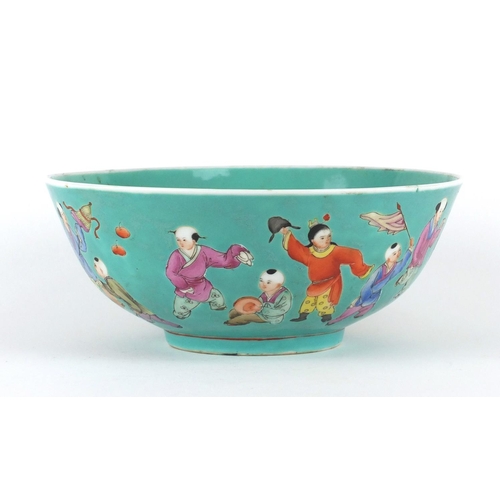 394 - Chinese turquoise ground bowl, finely hand painted in the famille rose palette with a continuous ban... 