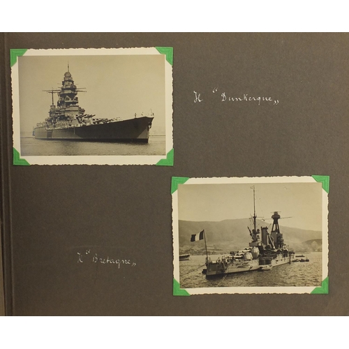 295 - Military interest black and white photographs arranged in an album including battleships, Mers El Ké... 