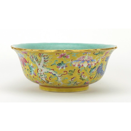 431 - Chinese porcelain yellow ground bowl with turquoise interior, finely hand painted in the famille ros... 