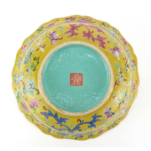 431 - Chinese porcelain yellow ground bowl with turquoise interior, finely hand painted in the famille ros... 