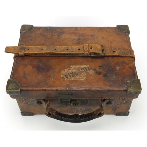 383 - Victorian leather magazine case, with brass mounts, 13.5cm H x 33cm W x 25cm D