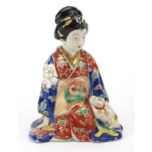 505 - Japanese hand painted porcelain figurine of a Geisha girl in a robe, hand painted with flowers, 17.5... 