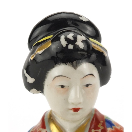 505 - Japanese hand painted porcelain figurine of a Geisha girl in a robe, hand painted with flowers, 17.5... 