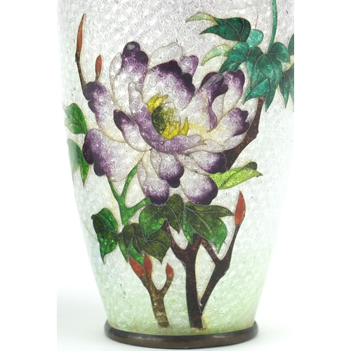 546 - Two Japanese cloisonné vases including an example with out flared rim enamelled with a heron and bir... 