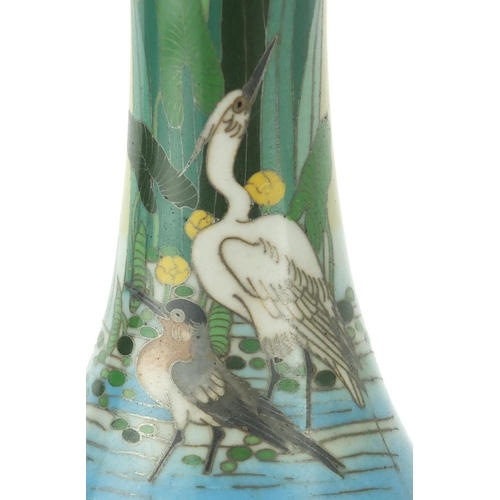 546 - Two Japanese cloisonné vases including an example with out flared rim enamelled with a heron and bir... 