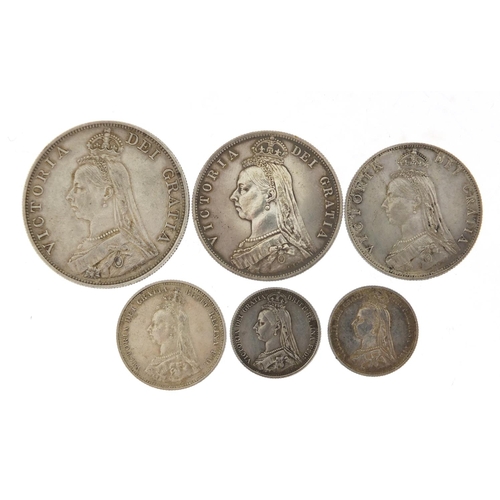 234 - Victorian 1887 Jubilee silver coinage comprising half crown, double florin, florin, shilling and two... 