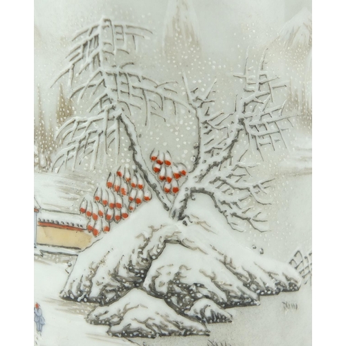 416 - Chinese porcelain cylindrical brush pot, hand painted with figures in a winter landscape and calligr... 