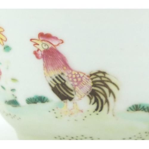 421 - Chinese porcelain tea bowl and saucer, finely hand painted in the famille rose palette with cockerel... 
