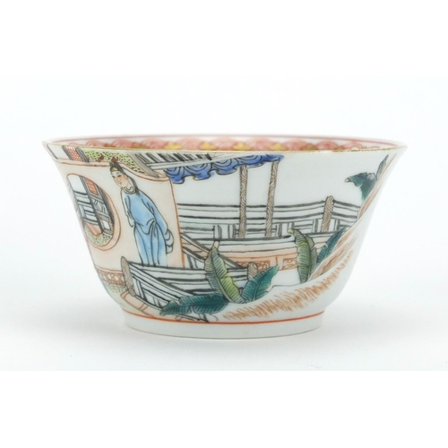 393 - Chinese porcelain tea cup and saucer, finely hand painted in the famille rose palette with figures i... 