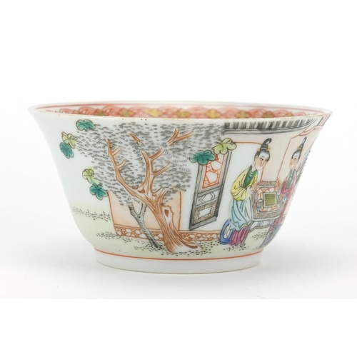 393 - Chinese porcelain tea cup and saucer, finely hand painted in the famille rose palette with figures i... 