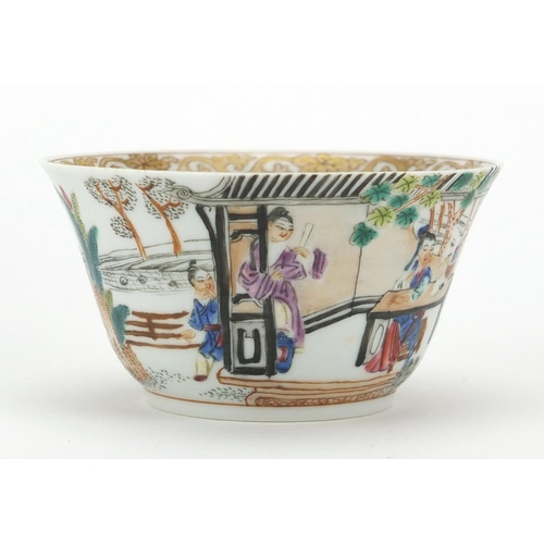 405 - Chinese porcelain tea cup and saucer, hand painted in the famille rose palette with figures in a pal... 