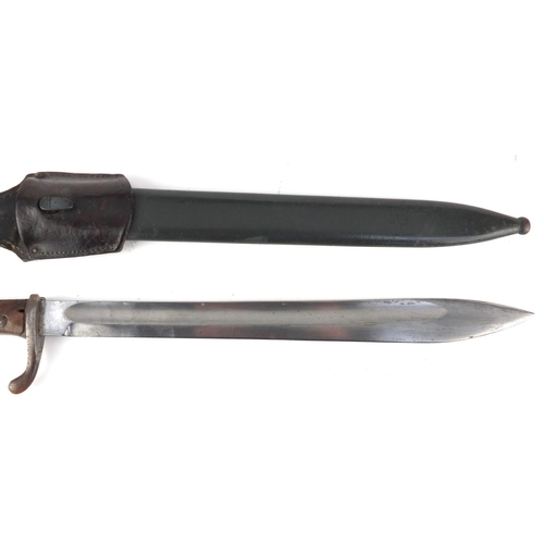 373 - German Military interest mauser bayonet with scabbard and leather frog, the steel blade stamped Weye... 