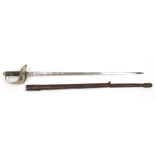 367 - British Military George V dress sword with leather scabbard, etched steel blade and wire bound shagr... 