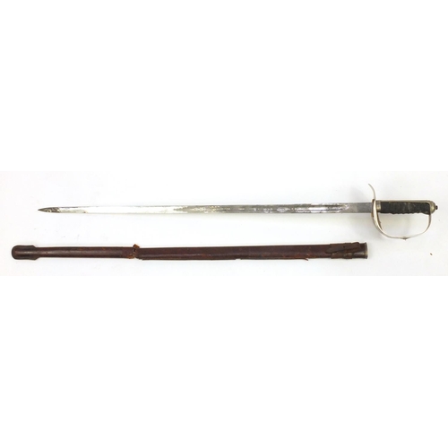 367 - British Military George V dress sword with leather scabbard, etched steel blade and wire bound shagr... 