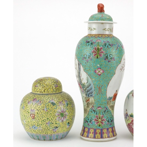 432 - Chinese porcelain comprising a turquoise ground baluster vase and cover and two ginger jars with cov... 