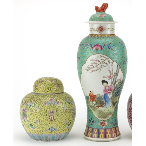 432 - Chinese porcelain comprising a turquoise ground baluster vase and cover and two ginger jars with cov... 