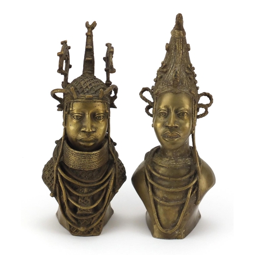 647 - Pair of early 20th century African bronze Benin busts, Queen Iden and King Ewakpe, each with plaques... 