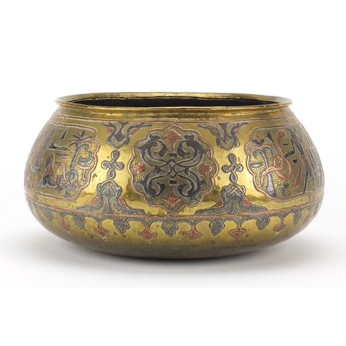 645 - Egyptian Cairo Ware brass bowl with copper and silver inlay, decorated with sphinx's, crane's and fo... 