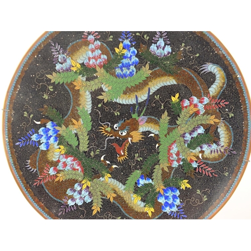 549 - Pair of Japanese cloisonné plates, each enamelled with dragons amongst foliage, each 30.5cm in diame... 