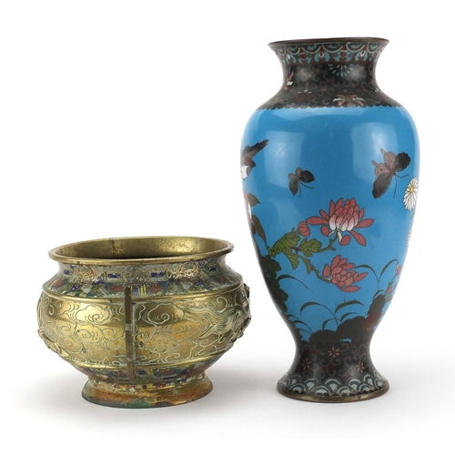 550 - Japanese cloisonné vase and a champlevé enamelled jardinière with twin handles, the vase enamelled w... 