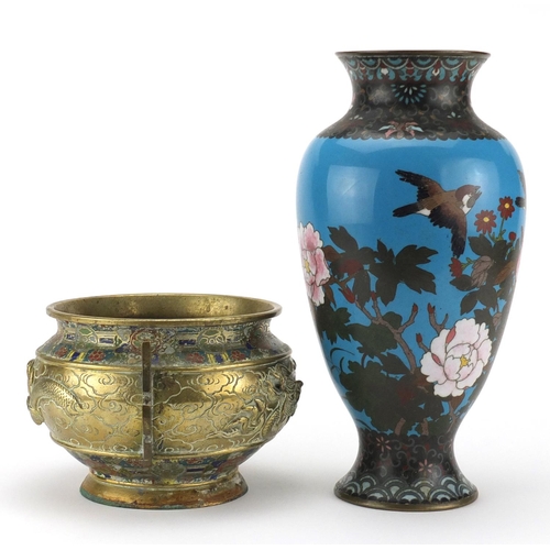 550 - Japanese cloisonné vase and a champlevé enamelled jardinière with twin handles, the vase enamelled w... 