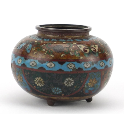 547 - Japanese cloisonné tripod koro enamelled with flowers and butterflies, 7cm high