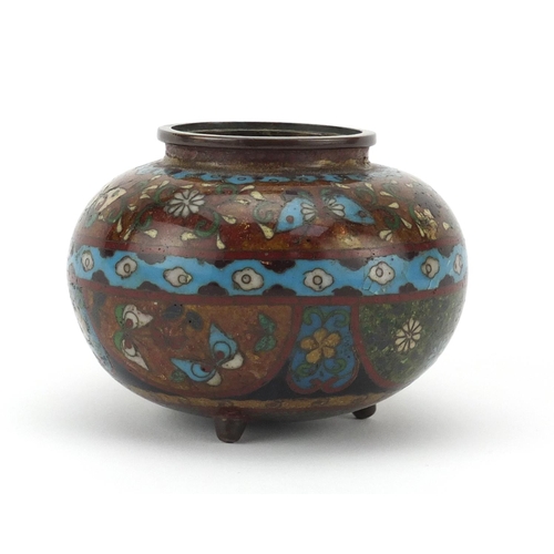 547 - Japanese cloisonné tripod koro enamelled with flowers and butterflies, 7cm high