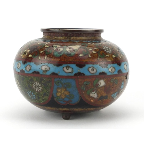 547 - Japanese cloisonné tripod koro enamelled with flowers and butterflies, 7cm high