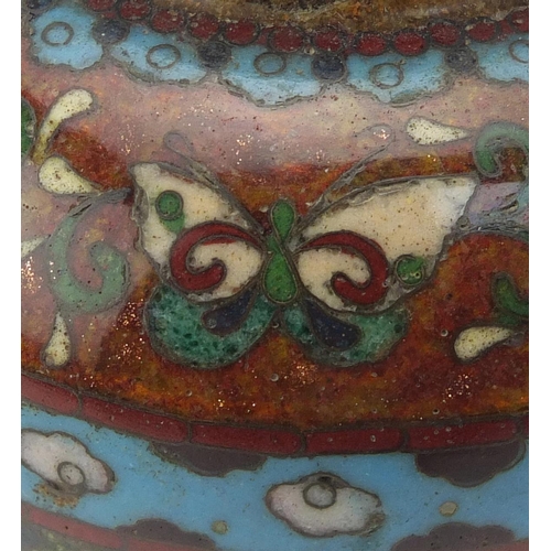 547 - Japanese cloisonné tripod koro enamelled with flowers and butterflies, 7cm high