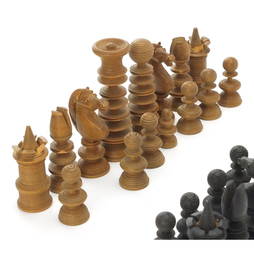 157 - Late 19th/early 20th century boxwood and ebony chess set, the largest pieces each 9cm high