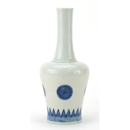 470 - Chinese blue and white porcelain long neck vase, hand painted with four roundels above a border, six... 