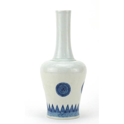 470 - Chinese blue and white porcelain long neck vase, hand painted with four roundels above a border, six... 