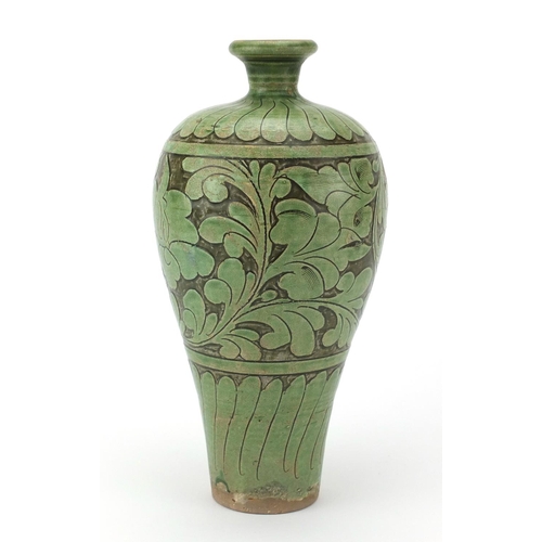 490 - Chinese Meiping stoneware vase, incised with a band of flower heads amongst scrolling foliage, 26.5c... 