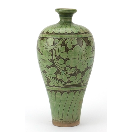 490 - Chinese Meiping stoneware vase, incised with a band of flower heads amongst scrolling foliage, 26.5c... 